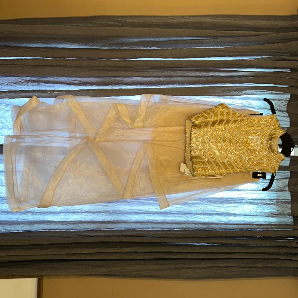 Gold Sequin and Stiff Mesh Two Piece Formal Homecoming Prom Dress